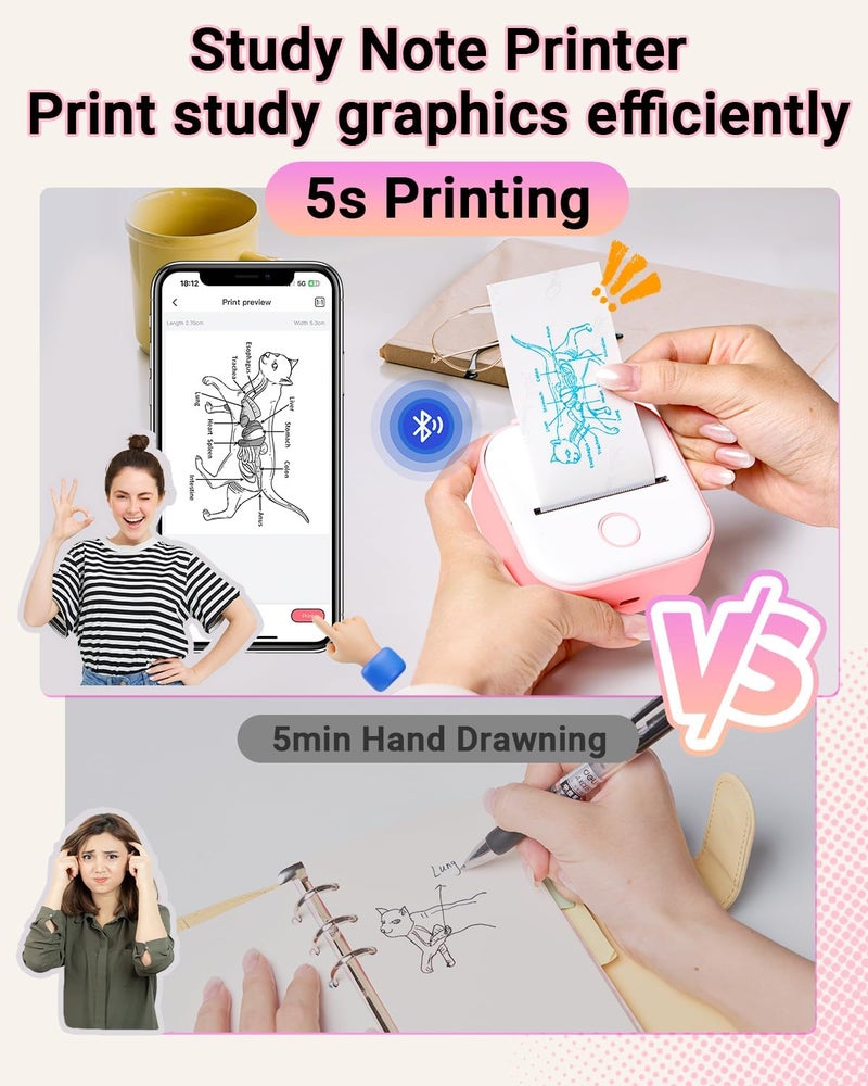 Memoking Sticker Printer - T02 Mini Printer Print Pods Portable Thermal Label Maker, Sticker Maker Machine Pocket Memo Receipt Printer for Study Graphics, Anatomical Diagrams, Journal, DIY, Gift - Image 3